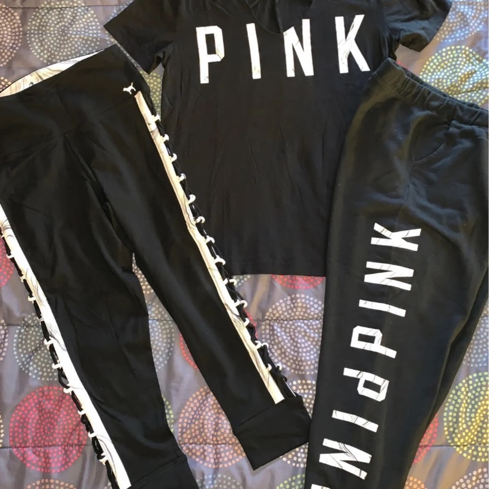 VS PINK 3 Piece Set Marble Black EUC M Tee Legging